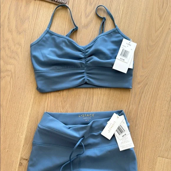 l*space Slate Blue Ruched Active Crop Top & High-Waist Bottoms - Picture 1 of 5